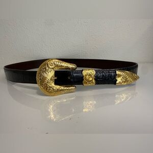 Vintage Chacon Black Alligator Belt Al Beres German Silver Buckle Size 36